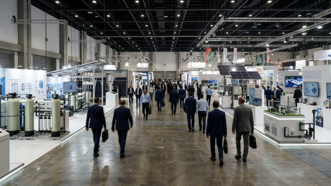 Illustration: A wide-angle editorial shot inside a vast, well-lit modern trade exhibition center in Dubai. Polished concrete floors reflect overhead e