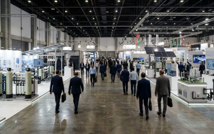 Illustration: A wide-angle editorial shot inside a vast, well-lit modern trade exhibition center in Dubai. Polished concrete floors reflect overhead e