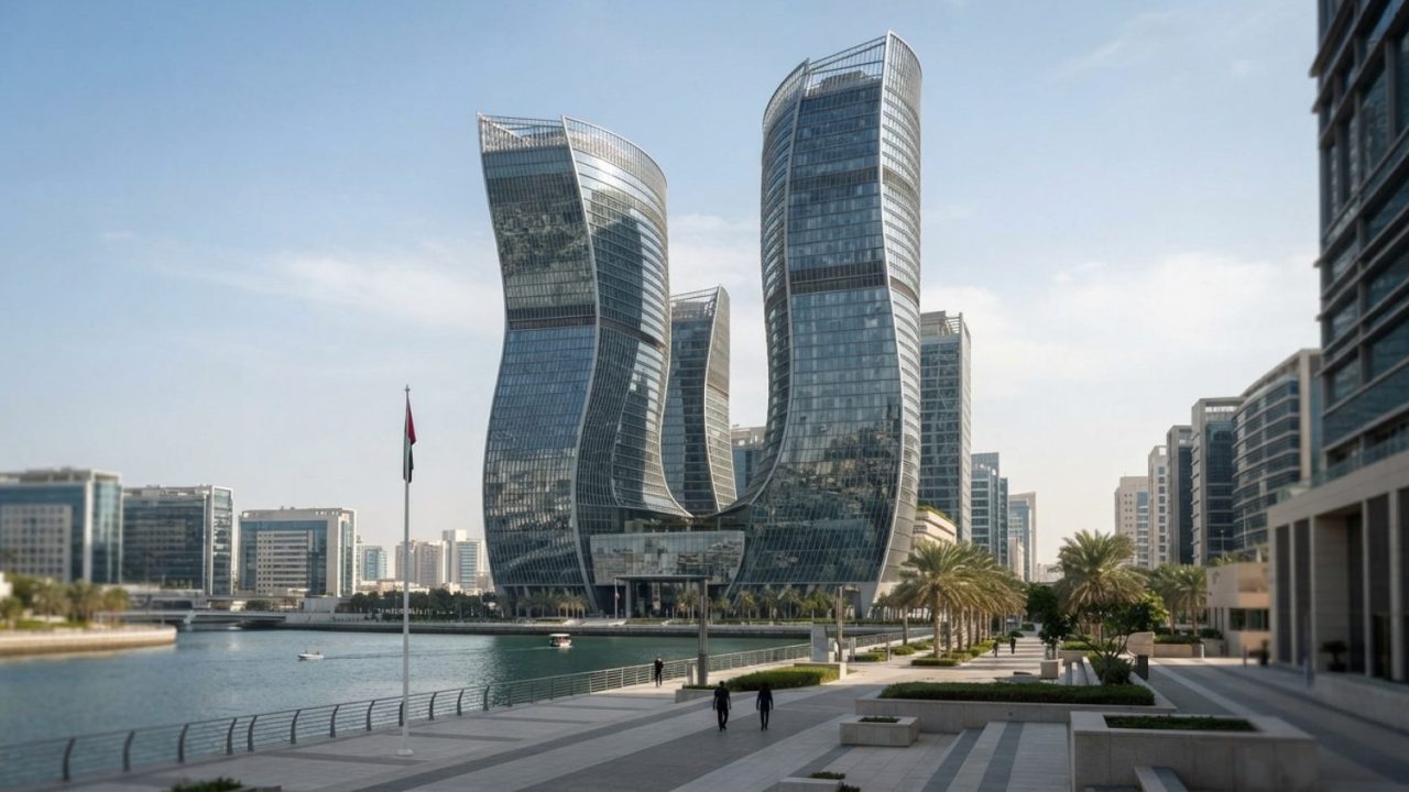 Illustration: Modern architectural view of the Abu Dhabi Global Market financial center towers on Al Maryah Island under clear daylight, featuring gla