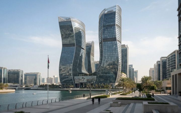 Illustration: Modern architectural view of the Abu Dhabi Global Market financial center towers on Al Maryah Island under clear daylight, featuring gla