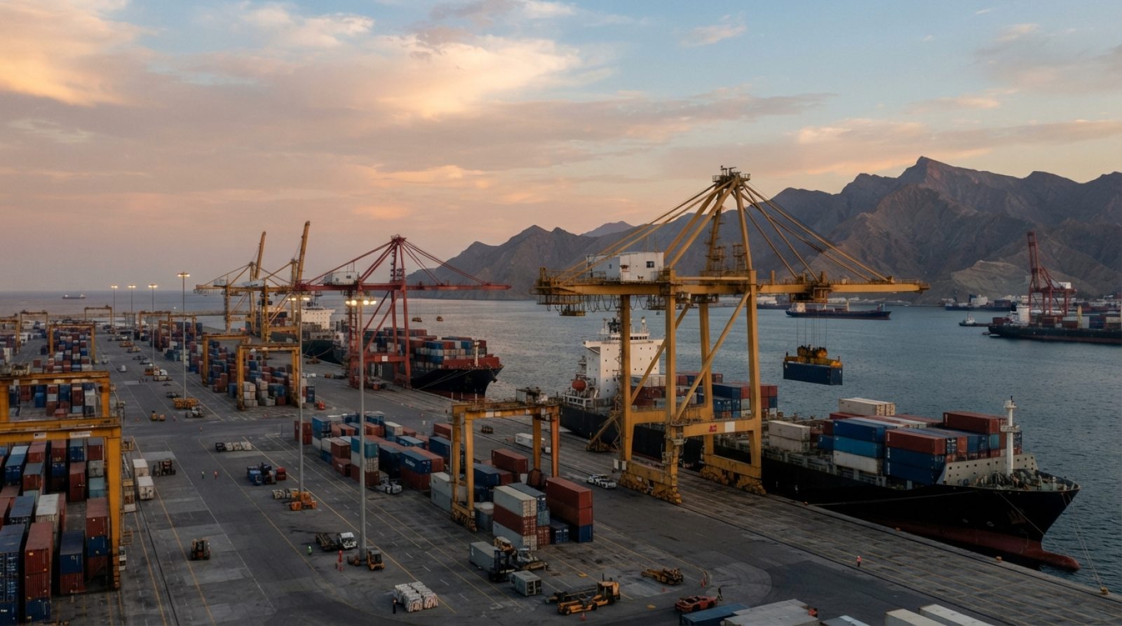 Illustration: Editorial photograph showing container ships docked at a commercial deepwater port terminal in Fujairah outside the Strait of Hormuz, wi