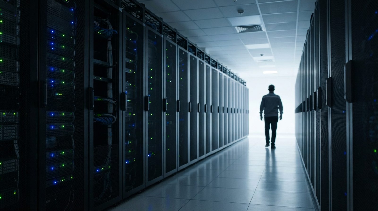 Illustration: Editorial photograph of a modern server room inside a high-tech data center in the United Arab Emirates, showing sleek server racks with