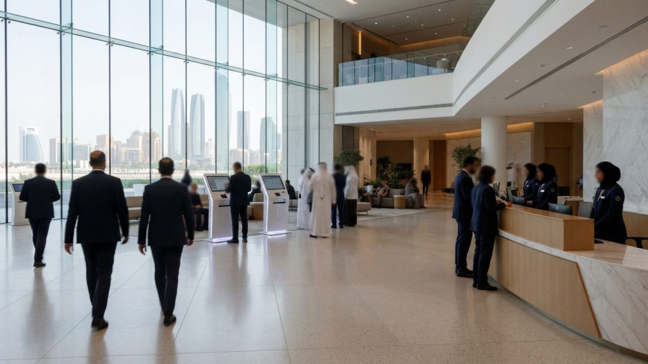 Illustration: A modern commercial government service centre or modern office building in Abu Dhabi with digital interactive kiosks and corporate recep