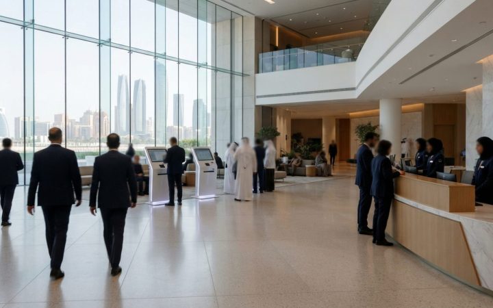Illustration: A modern commercial government service centre or modern office building in Abu Dhabi with digital interactive kiosks and corporate recep