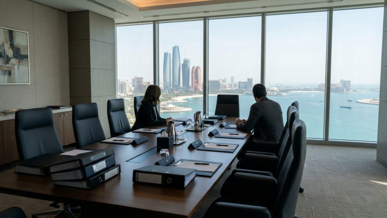 Illustration: A modern, sunlit corporate mediation room in a high-rise office tower in Abu Dhabi, featuring an elegant wooden conference table, comfor