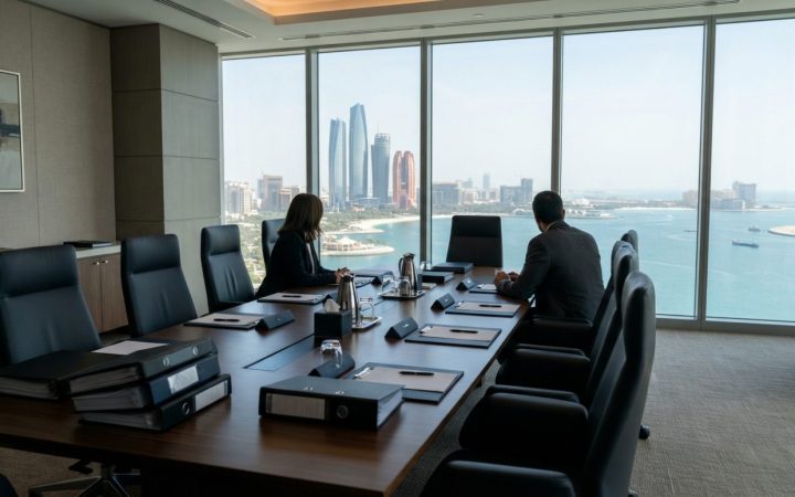 Illustration: A modern, sunlit corporate mediation room in a high-rise office tower in Abu Dhabi, featuring an elegant wooden conference table, comfor