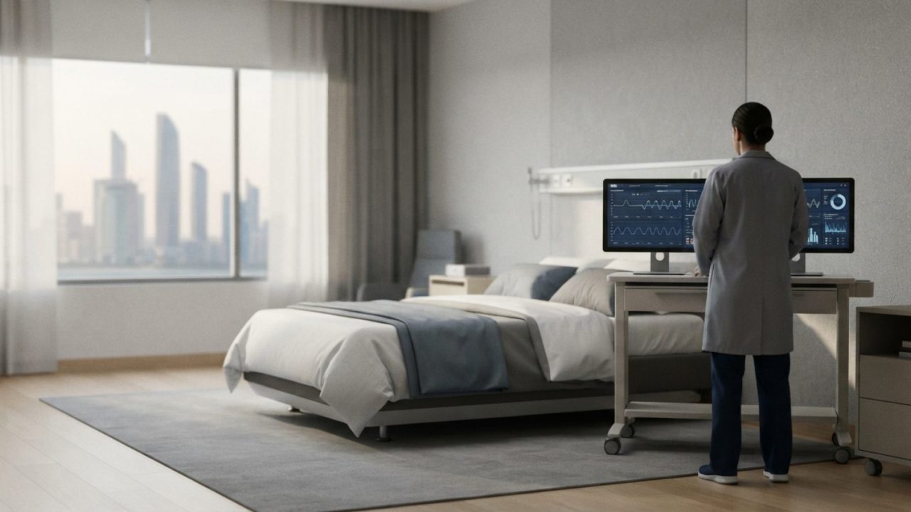 Illustration: Editorial photograph of a clean, minimalist clinical sleep consulting room in Abu Dhabi, showing a high-tech smart bed mattress and digi