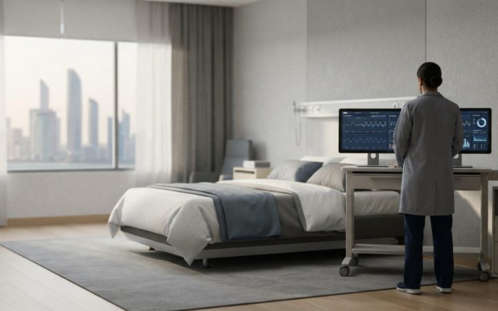 Illustration: Editorial photograph of a clean, minimalist clinical sleep consulting room in Abu Dhabi, showing a high-tech smart bed mattress and digi