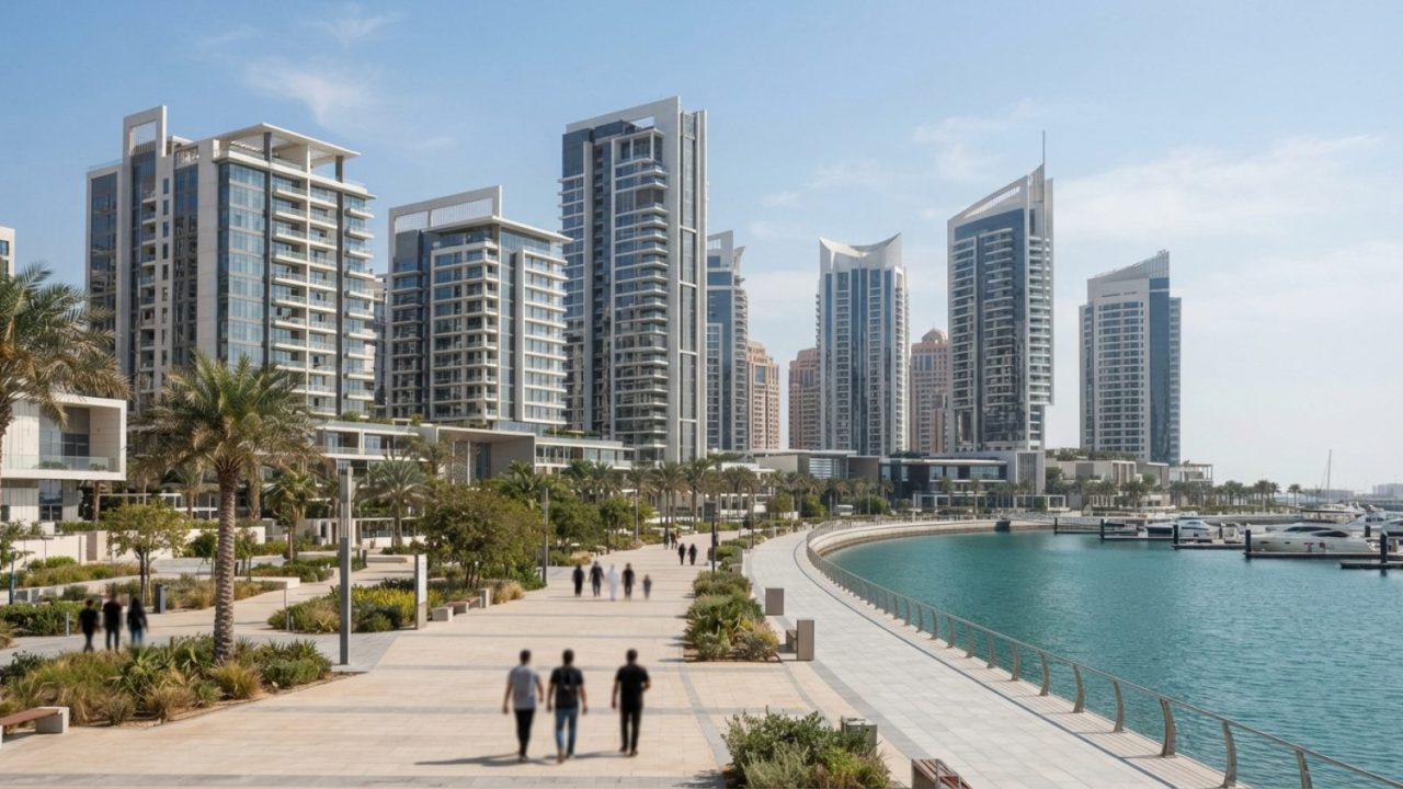 Illustration: A modern residential high-rise building and waterfront property development in Abu Dhabi under bright daylight, showing contemporary arc