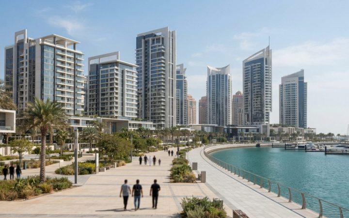 Illustration: A modern residential high-rise building and waterfront property development in Abu Dhabi under bright daylight, showing contemporary arc