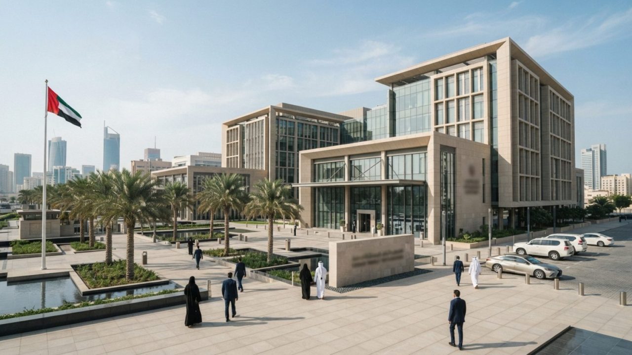 Illustration: Modern government administrative center or corporate office building in Abu Dhabi, reflecting residency services and business mobility,