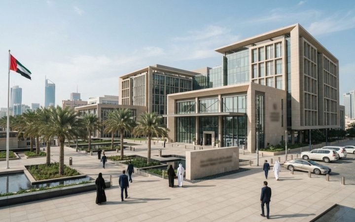 Illustration: Modern government administrative center or corporate office building in Abu Dhabi, reflecting residency services and business mobility,