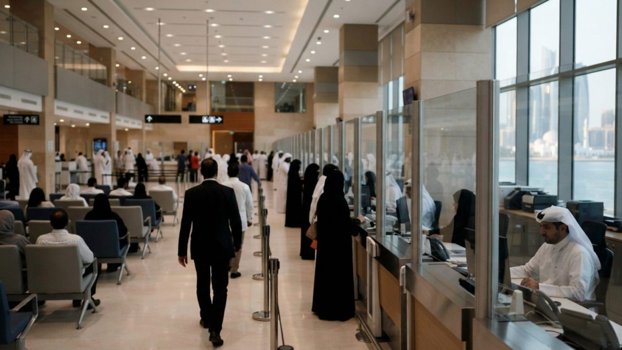 Illustration: An immigration service hall in Abu Dhabi with customer service desks, comfortable seating, and clear glass partitions under modern reces