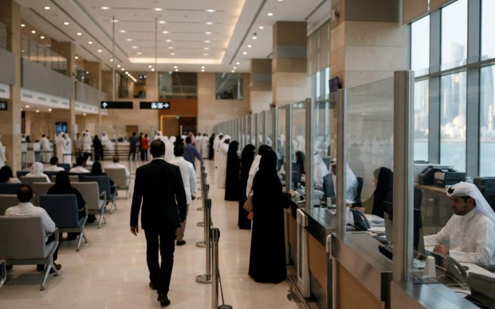 Illustration: An immigration service hall in Abu Dhabi with customer service desks, comfortable seating, and clear glass partitions under modern reces