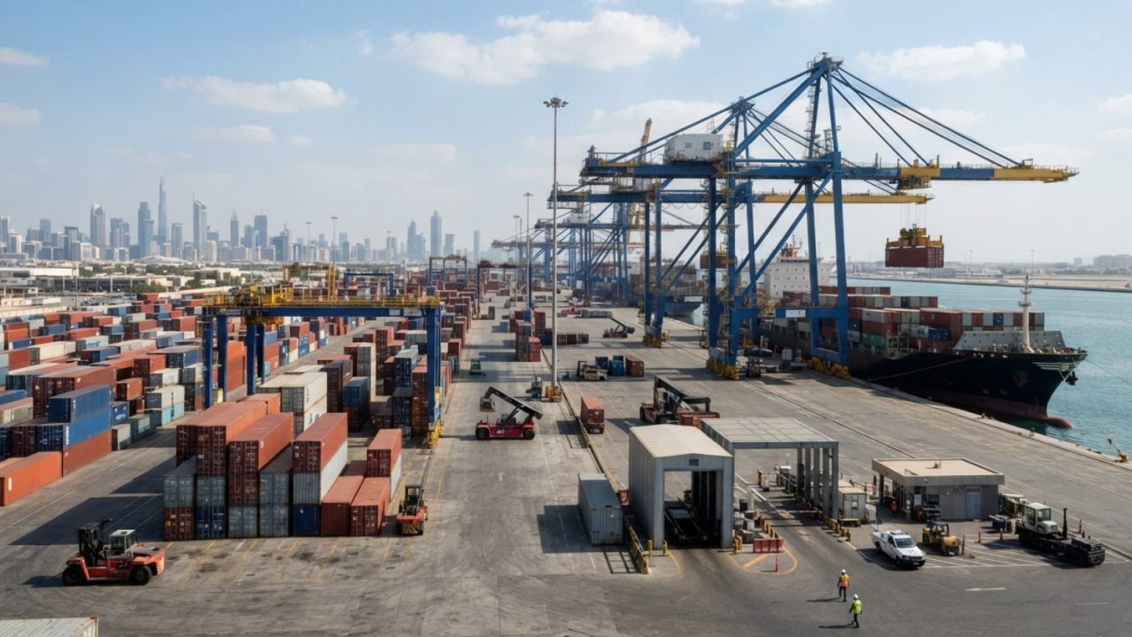 Illustration: A modern commercial freight port and customs terminal with shipping containers, automated gantry cranes, and digital inspection infrastr