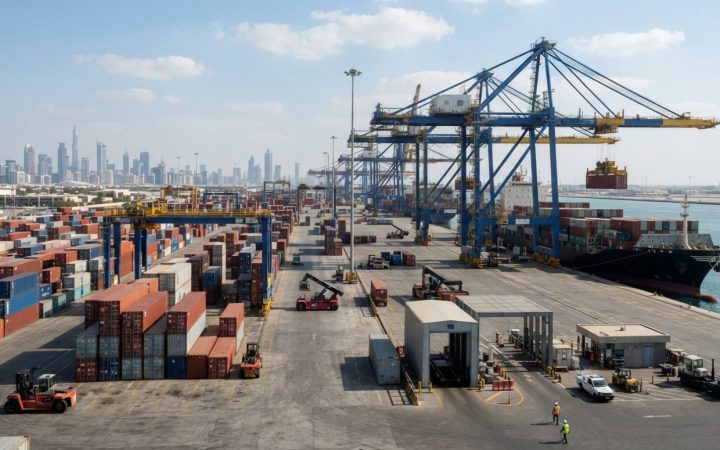 Illustration: A modern commercial freight port and customs terminal with shipping containers, automated gantry cranes, and digital inspection infrastr