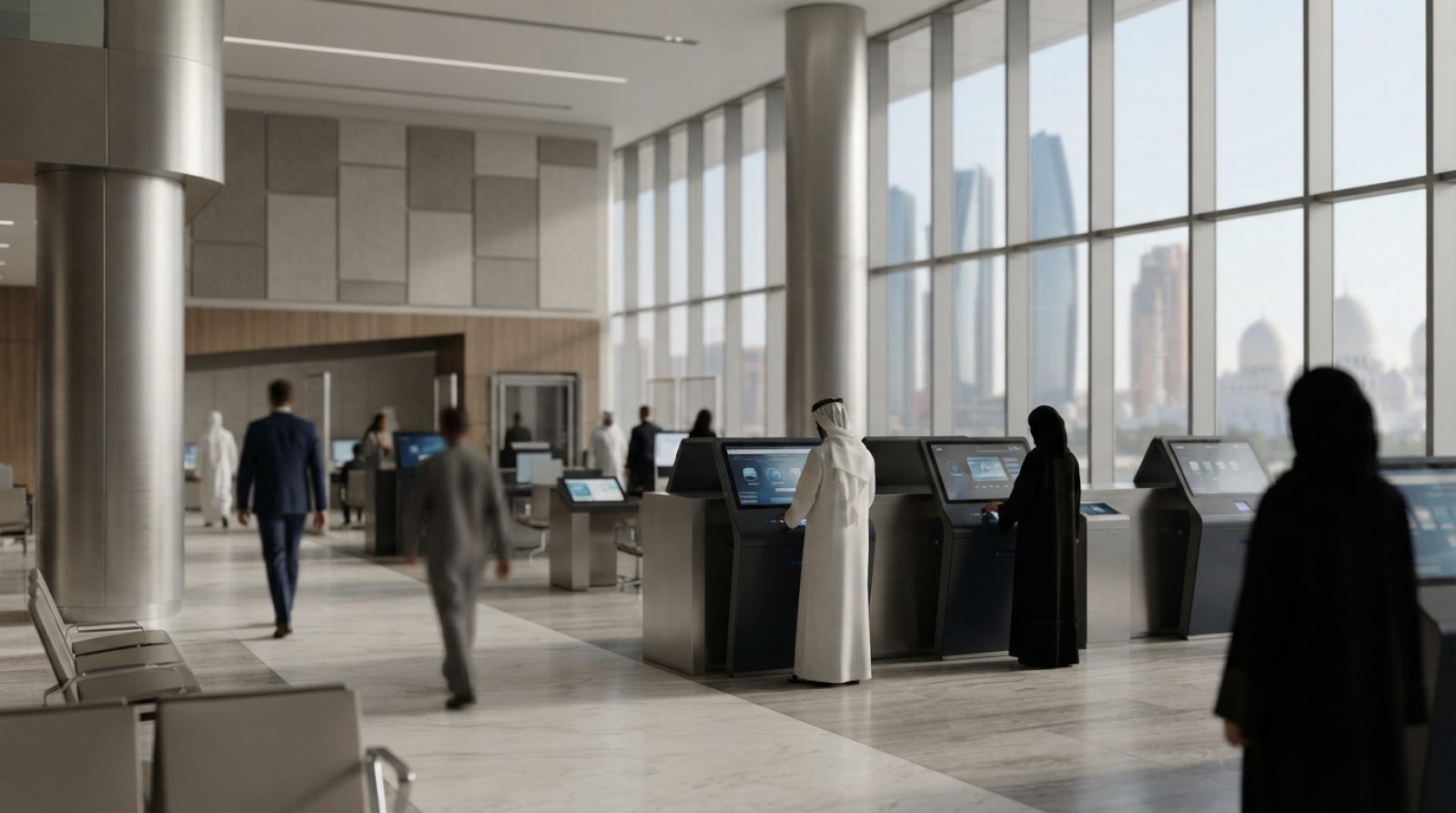 Illustration: A modern government digital customer service hall in Abu Dhabi featuring sleek interactive digital terminals and clean minimalist archit