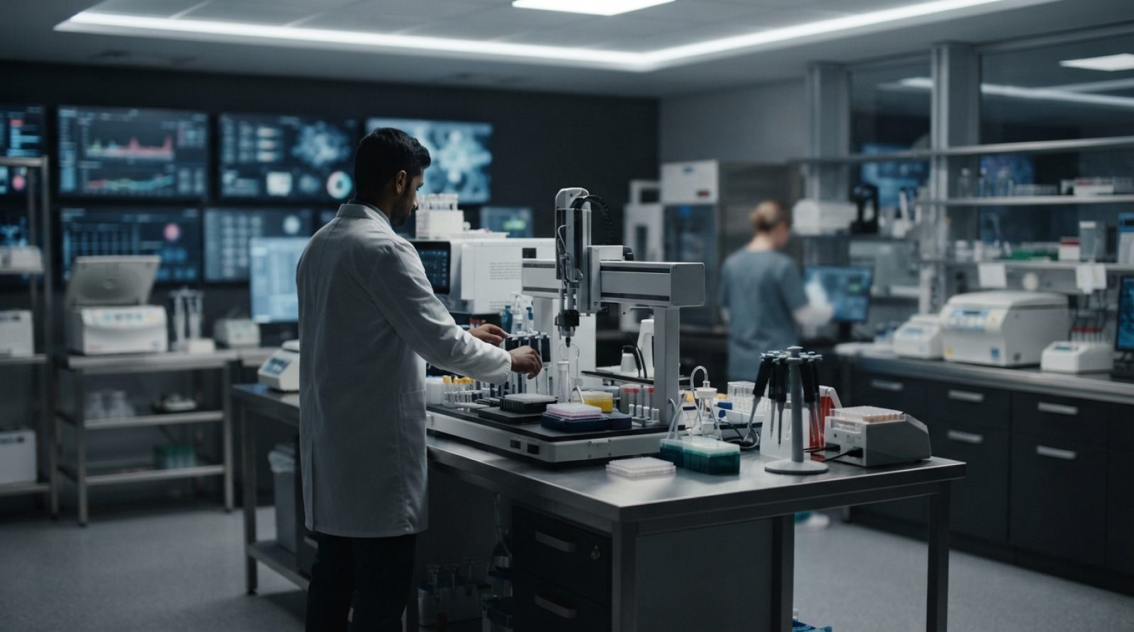 Illustration: A modern medical technology and life sciences laboratory with advanced robotics and diagnostic equipment, illuminated by clean cool ligh