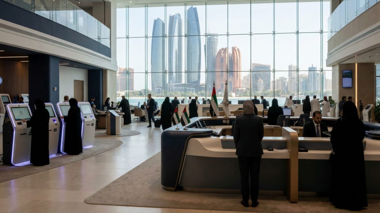 Illustration: A modern government business service center interior in Abu Dhabi with digital self-service kiosks, sleek architectural desks, and large