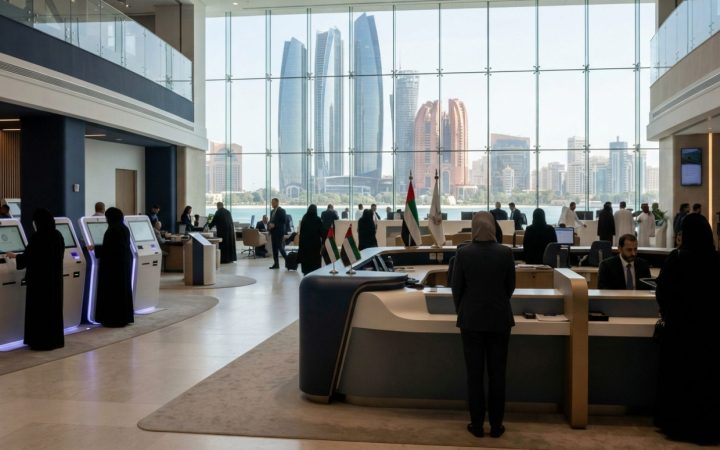 Illustration: A modern government business service center interior in Abu Dhabi with digital self-service kiosks, sleek architectural desks, and large