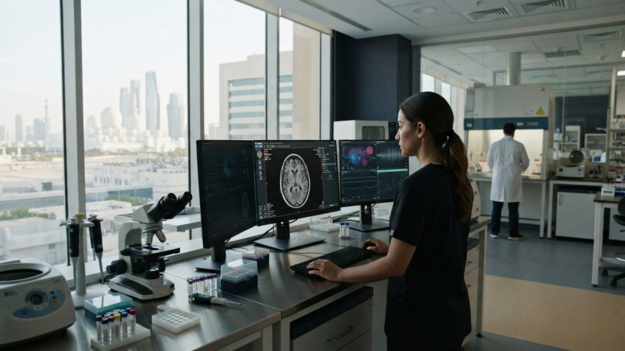 Illustration: A modern clinical laboratory and digital health workspace in Abu Dhabi, featuring high-tech diagnostic screens displaying medical imagin
