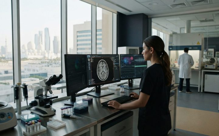 Illustration: A modern clinical laboratory and digital health workspace in Abu Dhabi, featuring high-tech diagnostic screens displaying medical imagin