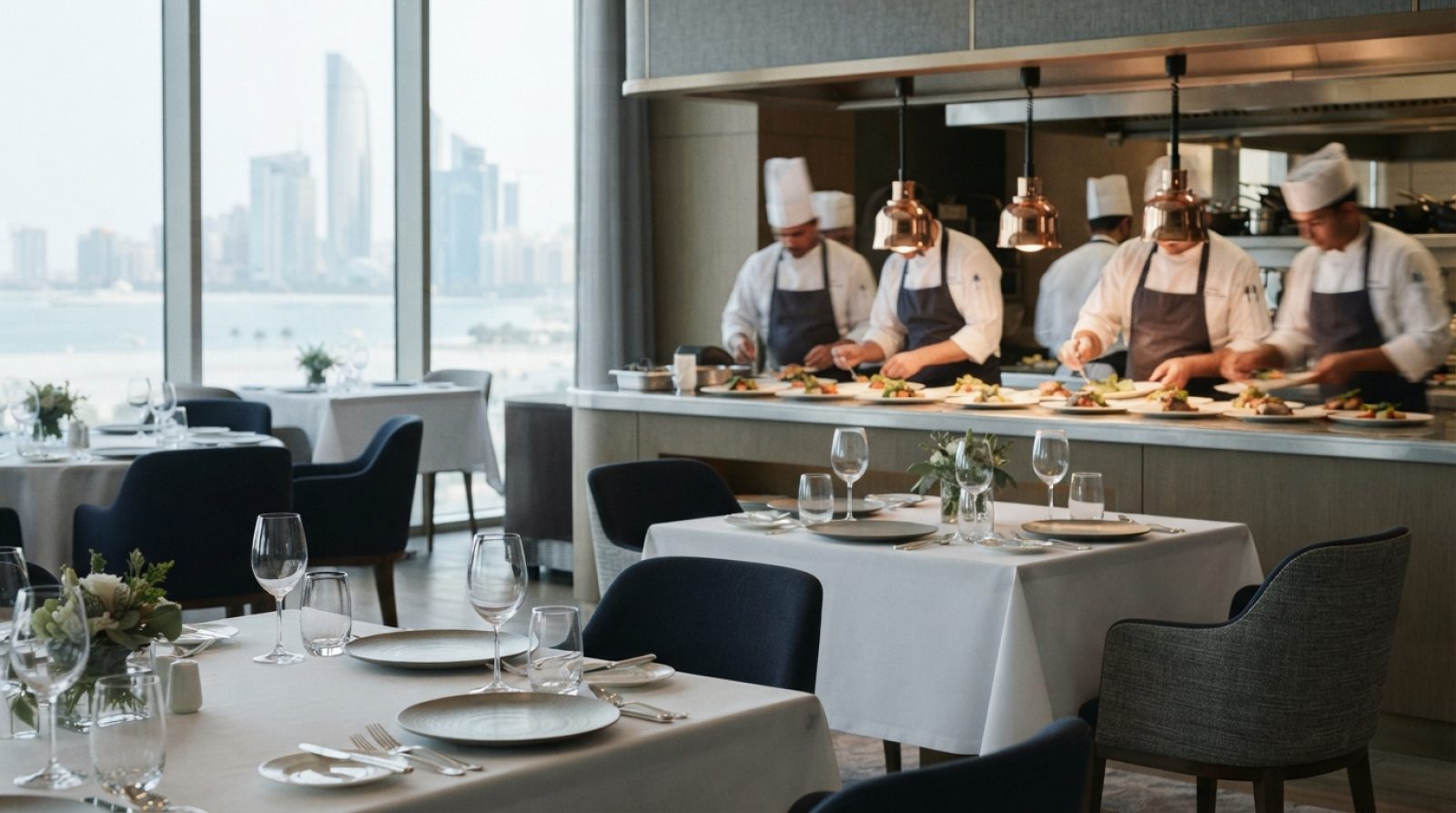Illustration: Editorial photograph of an upscale hotel dining room in Abu Dhabi, showing neatly arranged tables with modern cutlery and glassware in n