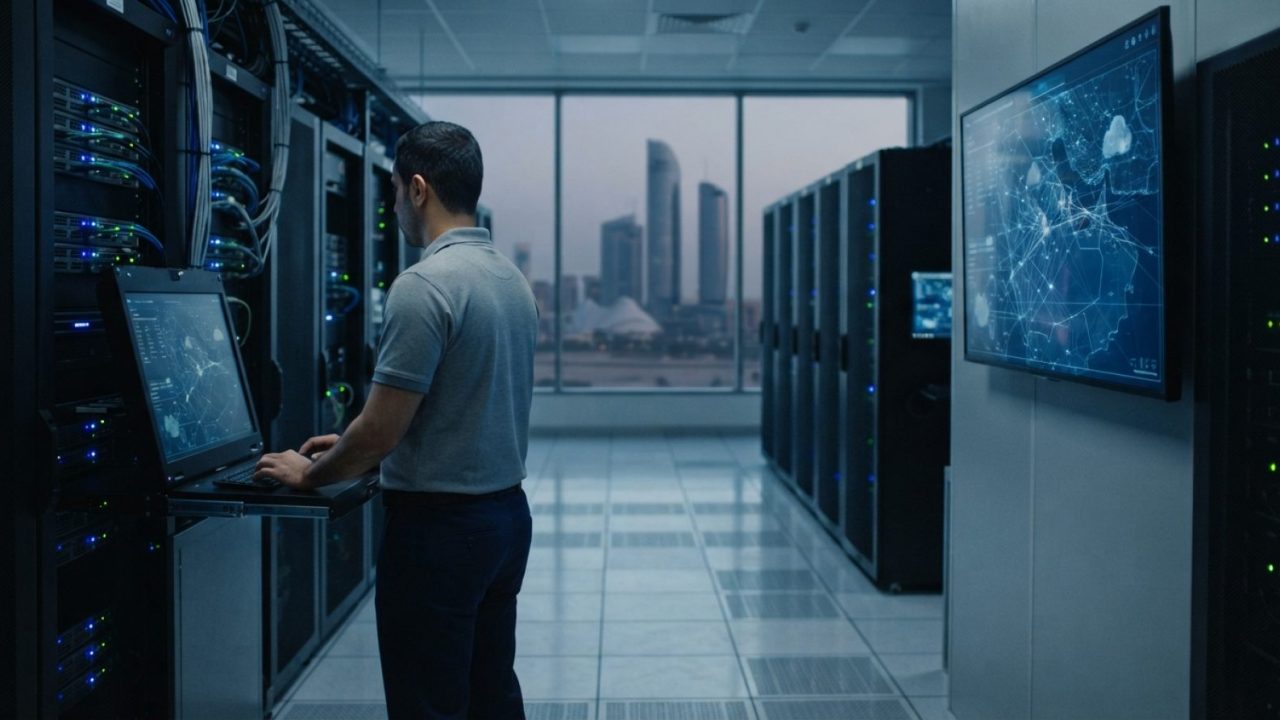 Illustration: Modern server room and illuminated digital interface showing data networks and government cloud infrastructure in Abu Dhabi, high-tech c