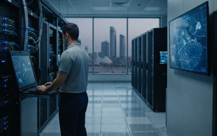 Illustration: Modern server room and illuminated digital interface showing data networks and government cloud infrastructure in Abu Dhabi, high-tech c