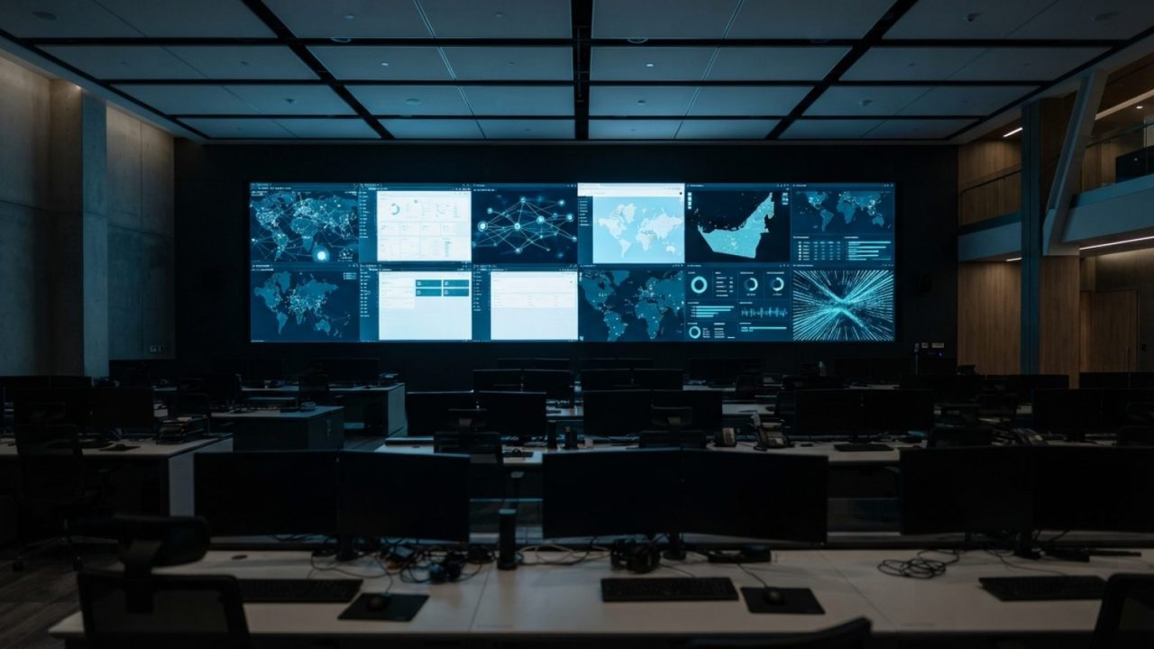 Illustration: A modern government digital operations centre in Abu Dhabi with large high-resolution monitoring screens displaying abstract interface w