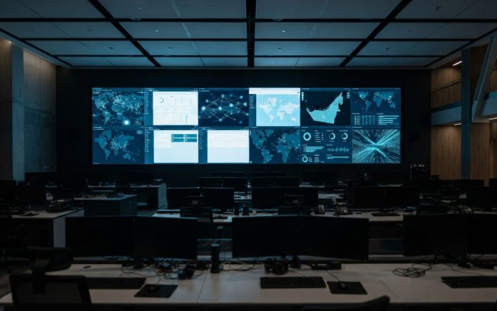 Illustration: A modern government digital operations centre in Abu Dhabi with large high-resolution monitoring screens displaying abstract interface w
