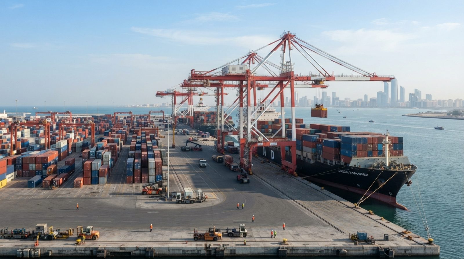 Illustration: A busy commercial container shipping port with gantry cranes loading large cargo ships, stacked colorful shipping containers on the dock