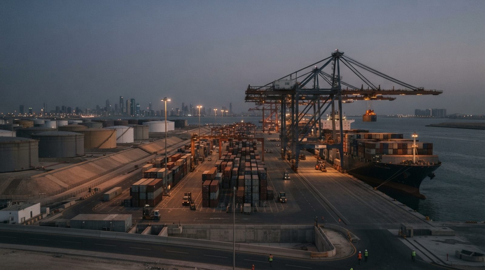 Illustration: A modern commercial shipping container terminal and massive oil storage tanks situated along an arid coastal port at twilight, industria