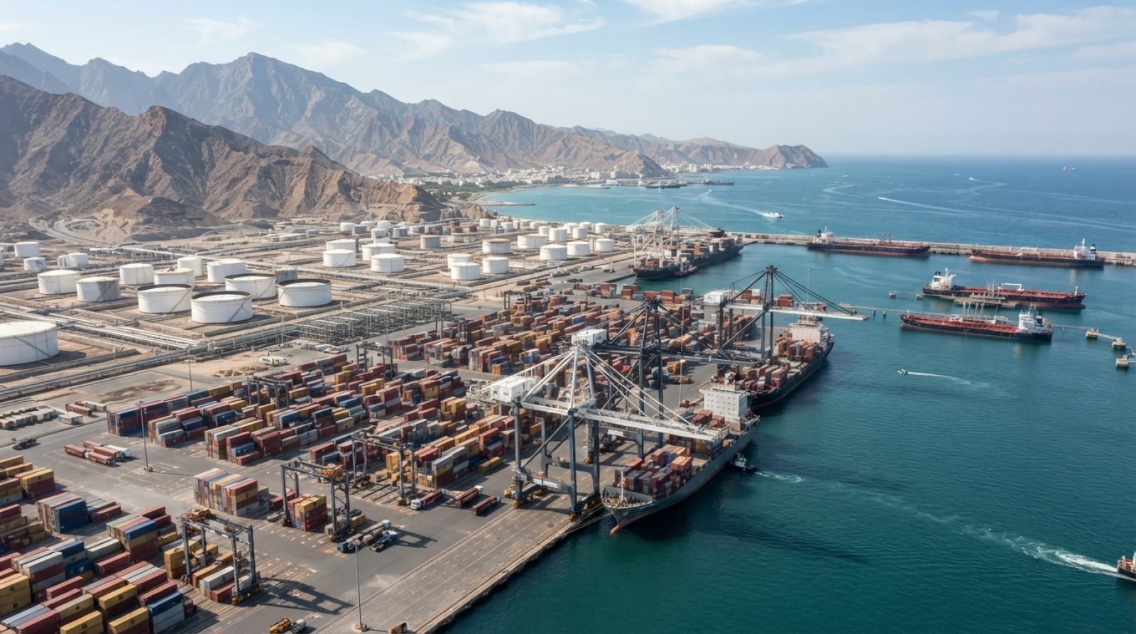 Illustration: Aerial editorial photograph of a large commercial shipping container terminal and coastal oil storage facility at the Port of Fujairah,
