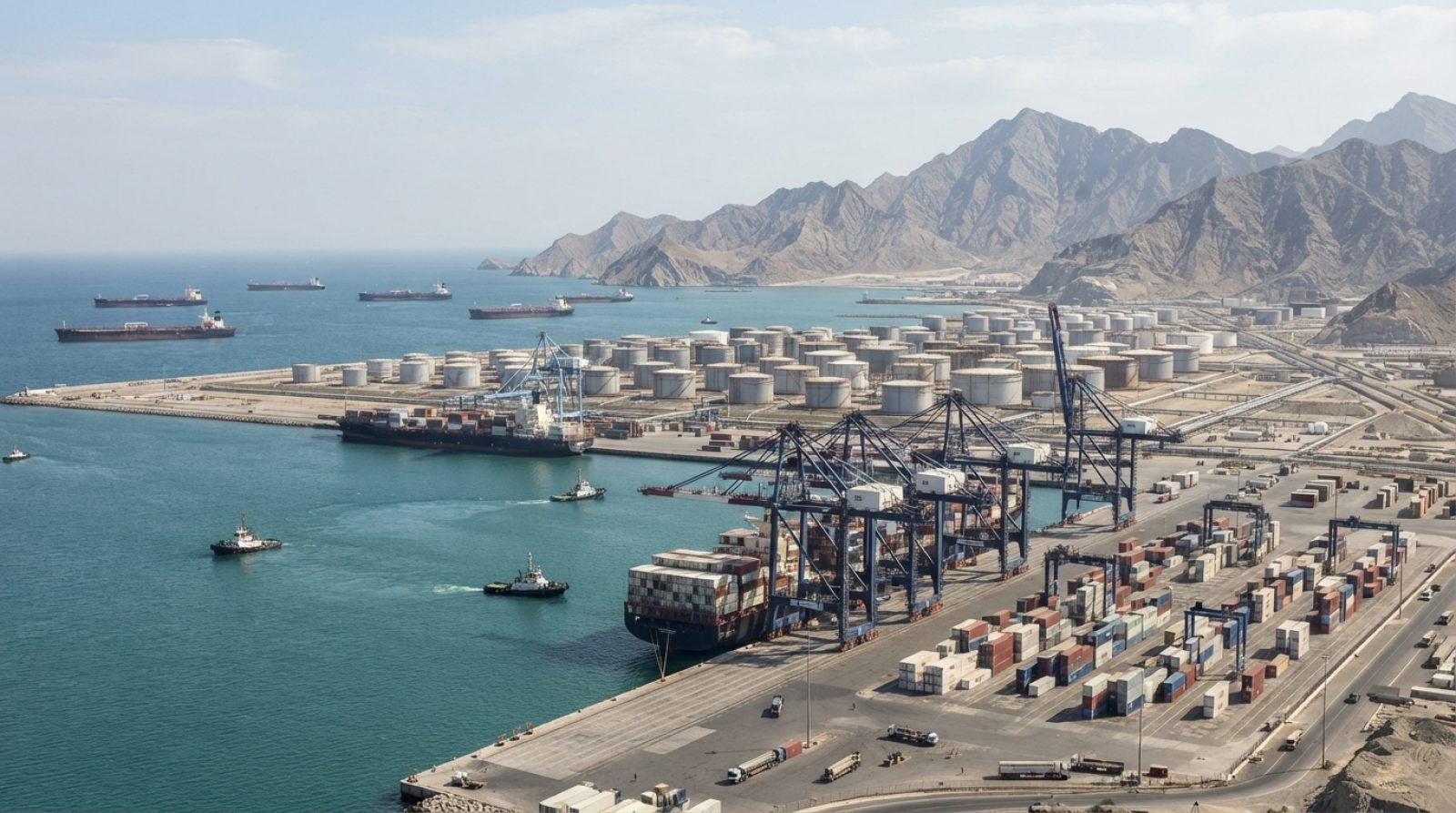Illustration: A wide-angle daytime photograph of an expansive deep-water container port and commercial oil terminal in Fujairah on the Gulf of Oman, s