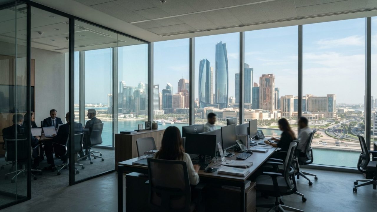 Illustration: A modern corporate office interior overlooking the high-rise financial district skyline of Al Maryah Island in Abu Dhabi, featuring glas