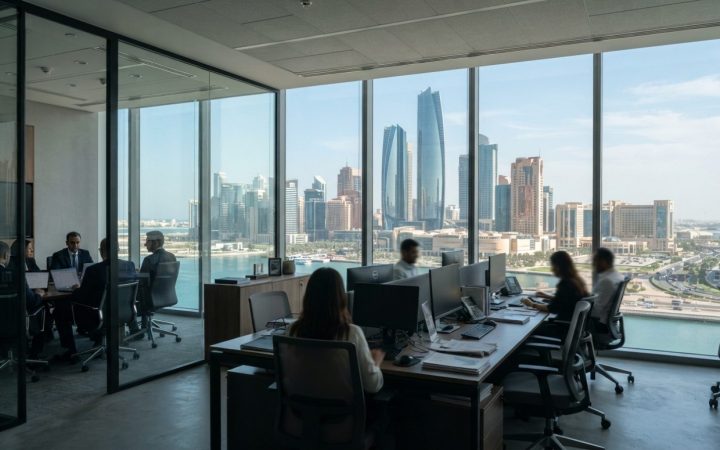 Illustration: A modern corporate office interior overlooking the high-rise financial district skyline of Al Maryah Island in Abu Dhabi, featuring glas