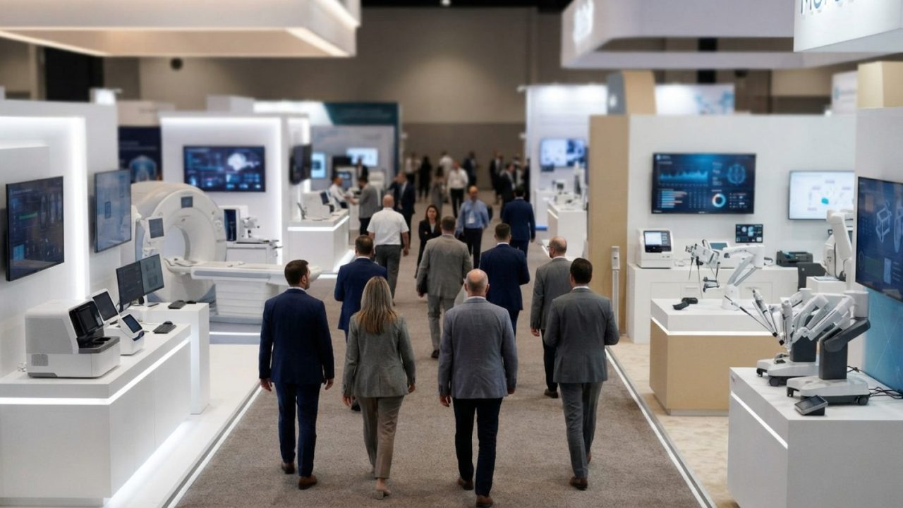 Illustration: A modern exhibition hall inside a medical technology convention center with clean white diagnostic kiosks, glowing digital health data d
