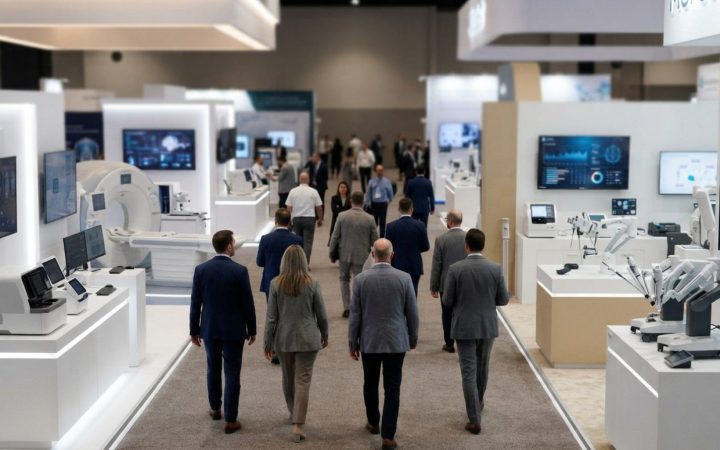Illustration: A modern exhibition hall inside a medical technology convention center with clean white diagnostic kiosks, glowing digital health data d