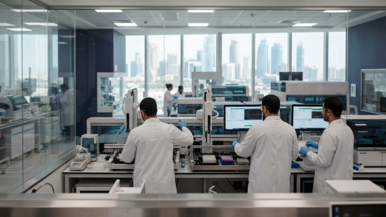 Illustration: A modern life sciences research laboratory with robotic diagnostic instruments, automated analysis equipment, and clean glass partitions