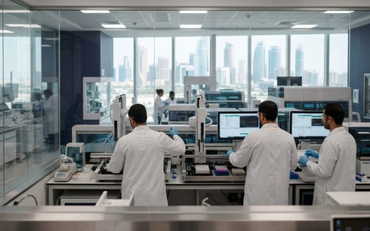 رسم توضيحي: مختبر حديث لأبحاث علوم الحياة يضم أجهزة تشخيص روبوتية، ومعدات تحليل آلية، وقواطع زجاجية نظيفة