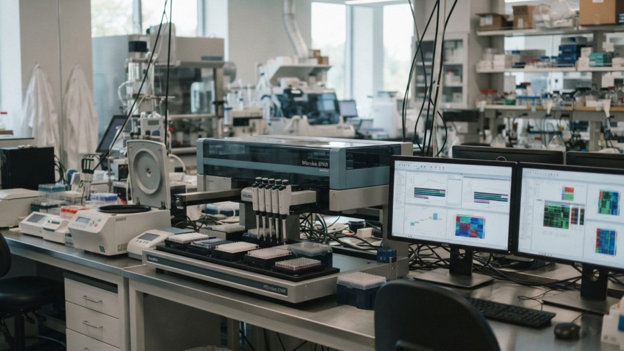 Illustration: A modern high-tech biomedical research laboratory with automated diagnostic equipment, robotic pipetting systems, and digital display mo