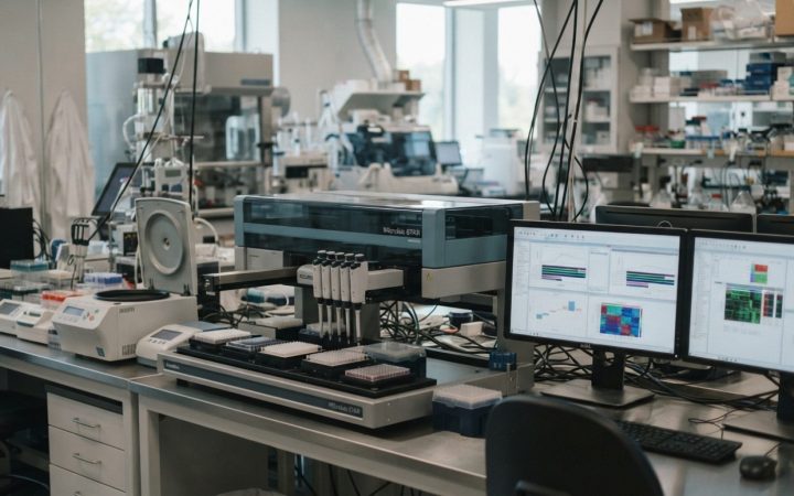Illustration: A modern high-tech biomedical research laboratory with automated diagnostic equipment, robotic pipetting systems, and digital display mo
