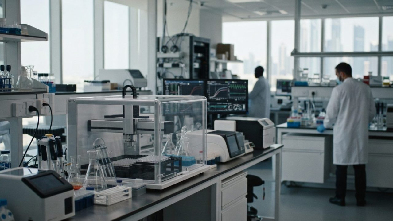 Illustration: A modern, sterile biotechnology research laboratory interior showing automated robotic analysis equipment, digital diagnostic monitors,