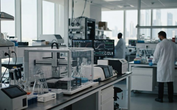 Illustration: A modern, sterile biotechnology research laboratory interior showing automated robotic analysis equipment, digital diagnostic monitors,