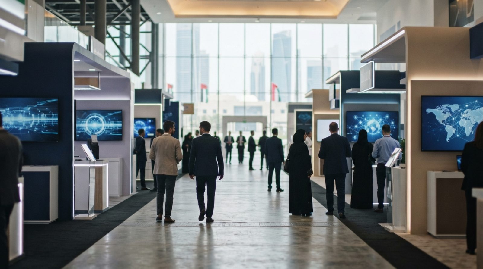 Illustration: A modern, bright convention hall in Abu Dhabi with high-tech exhibition booths, glowing digital display screens showing data flow graphi