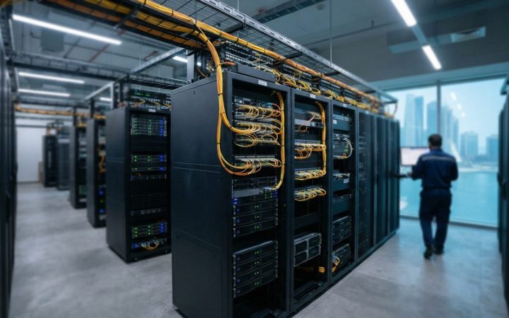 Illustration: Editorial news photo of modern telecommunications infrastructure and advanced data networking servers with glowing optical fiber cables