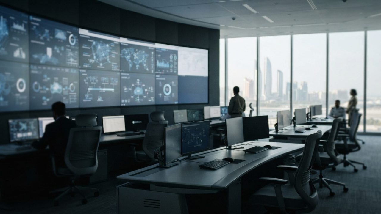 Illustration: Editorial news photograph showing an ultra-modern digital government operations control room with illuminated abstract interface display