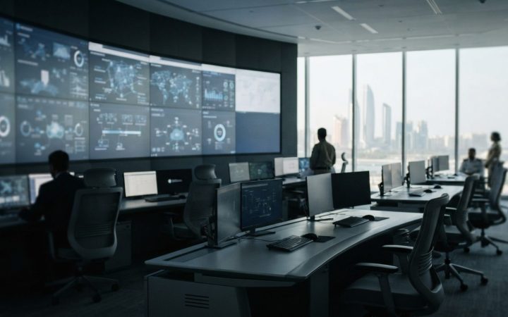 Illustration: Editorial news photograph showing an ultra-modern digital government operations control room with illuminated abstract interface display