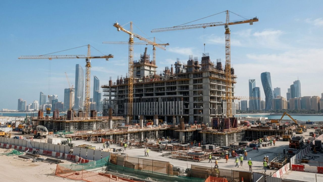 Illustration: A wide editorial view of a major commercial building construction site in Abu Dhabi featuring tower cranes, concrete structural framewor
